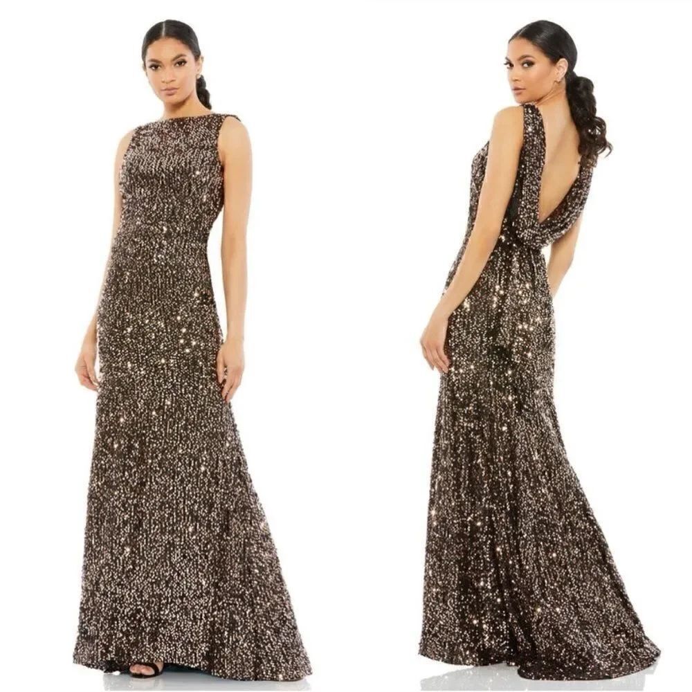 Mac Duggal NWT COWL BACK BOAT NECK SEQUINED EVENING GOWN in Bronze Size 8